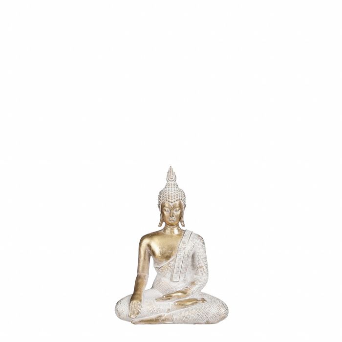 Buddha hvid/guld 15,5 cm høj siddende i lotusstilling.