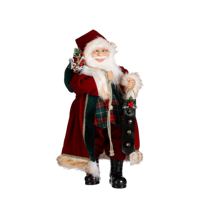 Stor Julemand iført rød frakke med hvid pels på kanterne. Julemanden holder både gavesæk og bjælder fra House of seasons.