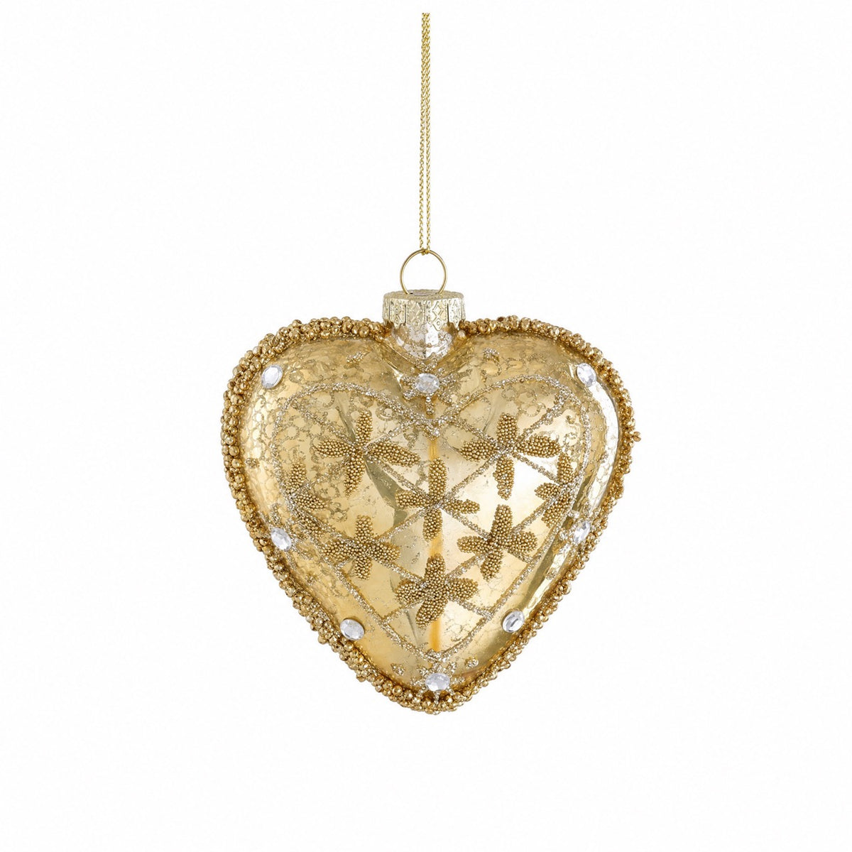 Gullfarget julehjerte i glass med pynt