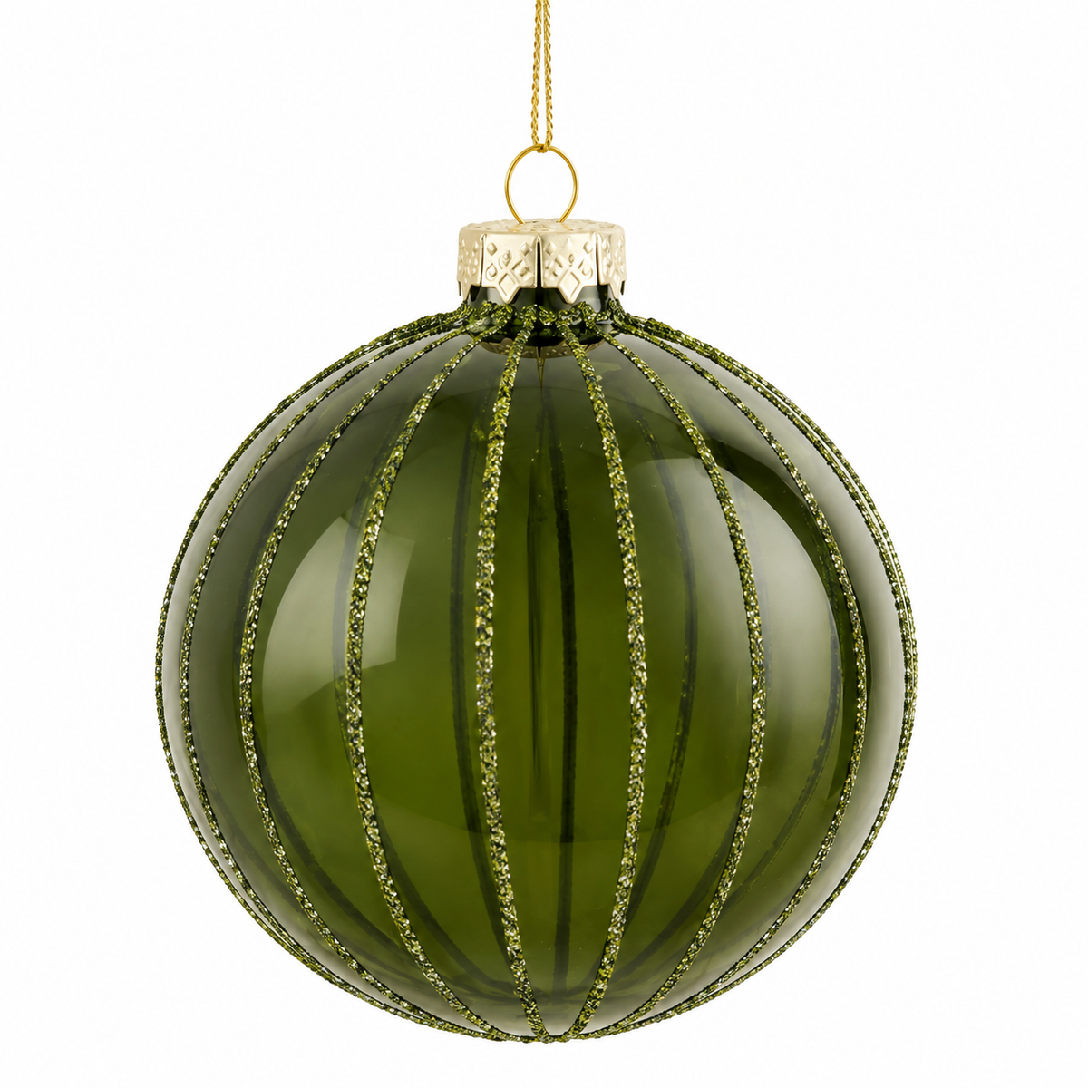 Rund julekugle i klart olivengrønt glas med glitterstriber fra Mica Decorations