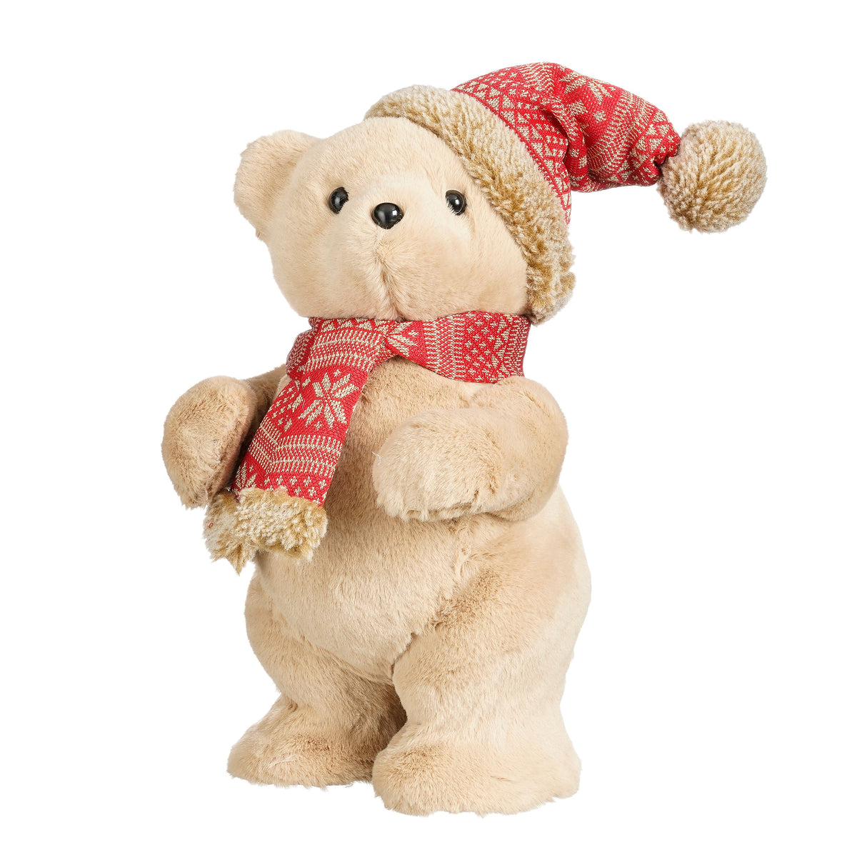 Bamse med strikhue og halstørklæde 33 cm høj til dekoration