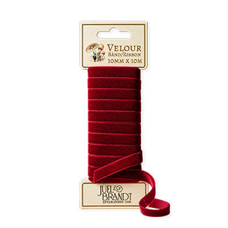 Velourbånd i bordeaux, 1 cm bredt, 10 m, fra Juel & Brandt