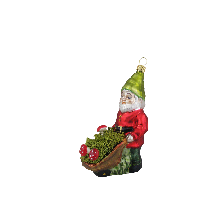 Julekugle Nisse med trillebør fra glaspusteri Hanco i Østrig