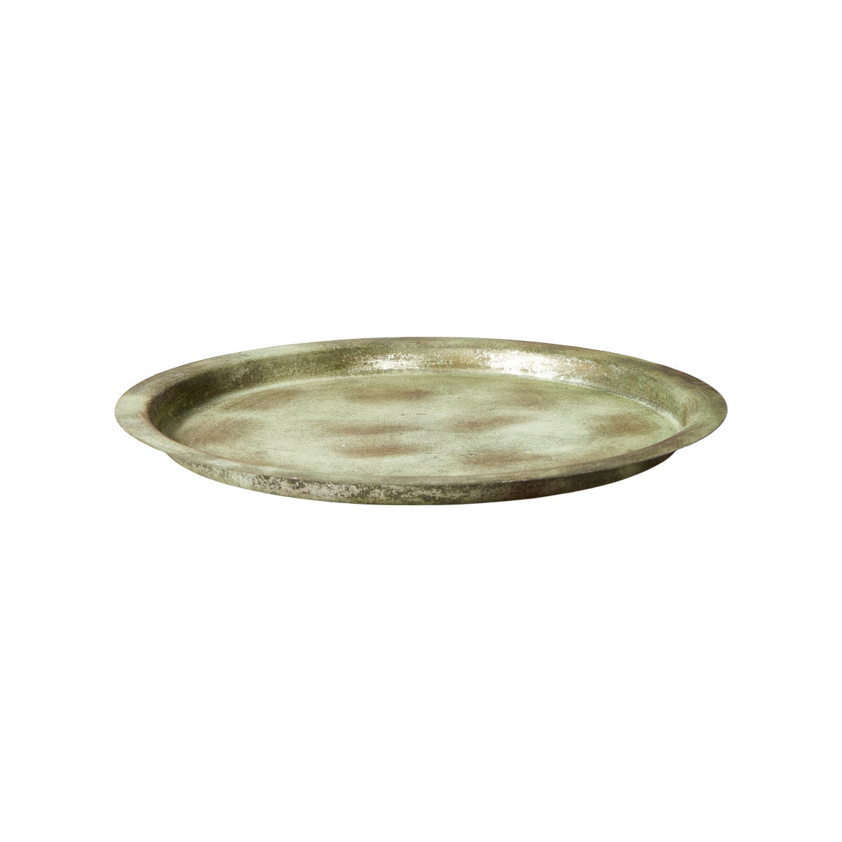 Rundt dekorasjonsfat fra Speedtsberg i antikkgrønt metall med rustikk patinert overflate, 30 cm i diameter