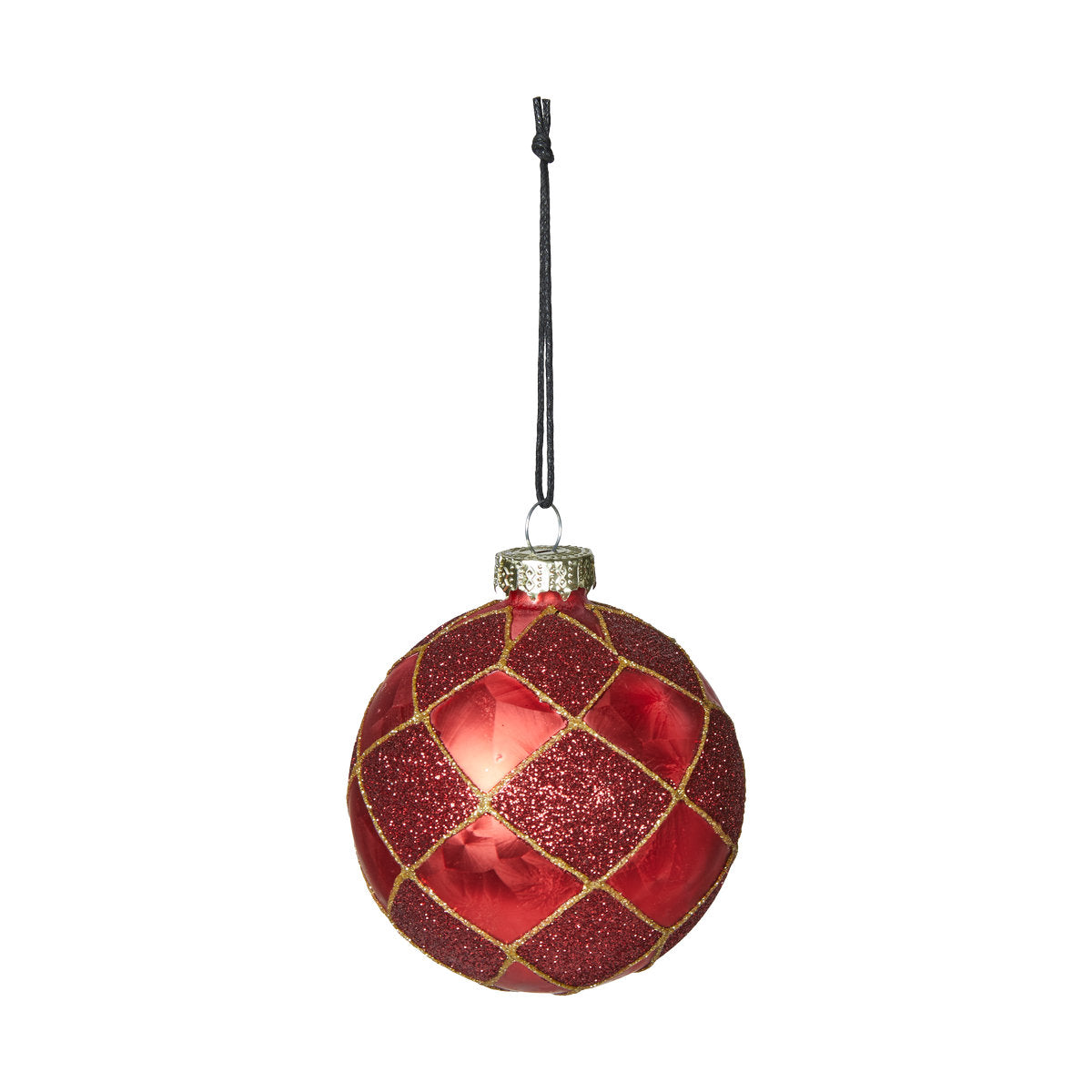 Julekule med rutemønster i matt og glitter fra Speedtsberg, 8 cm i diameter, i glass