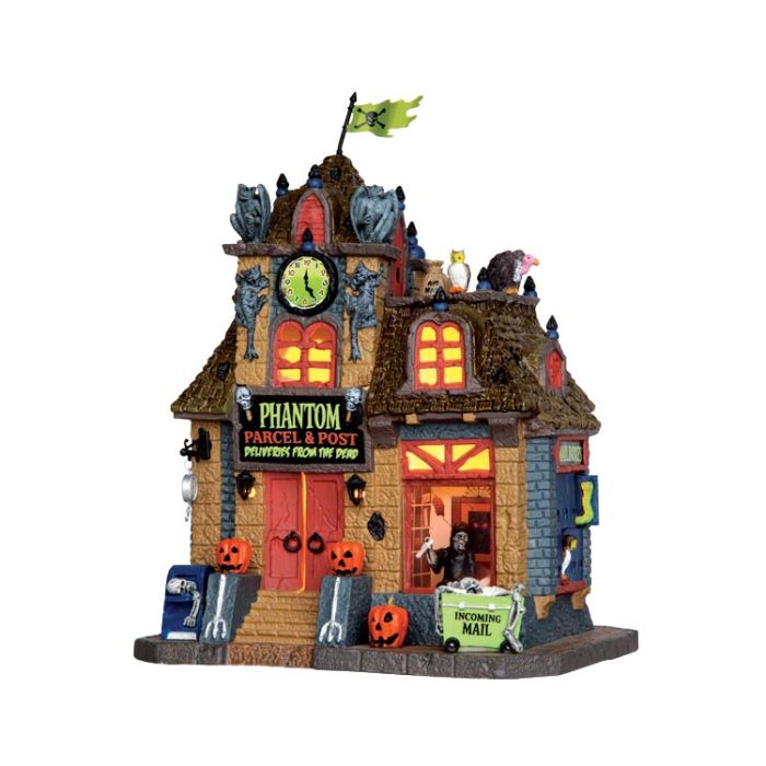 Phantom Parcel & Post fra Lemax Spooky Town serien. Posthus med flot uhyggelige udsmykning og lys.