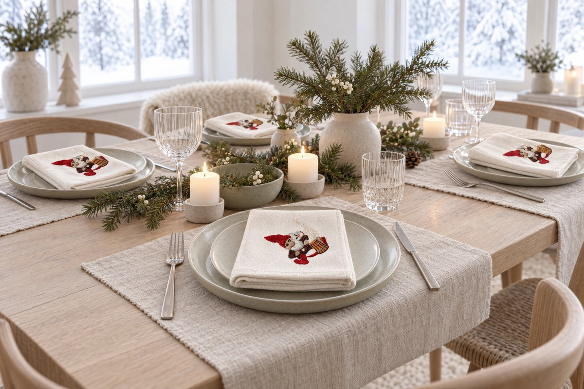 Julebord dekket med stoffservietter med brodert nisse med katt fra Juel Brandt