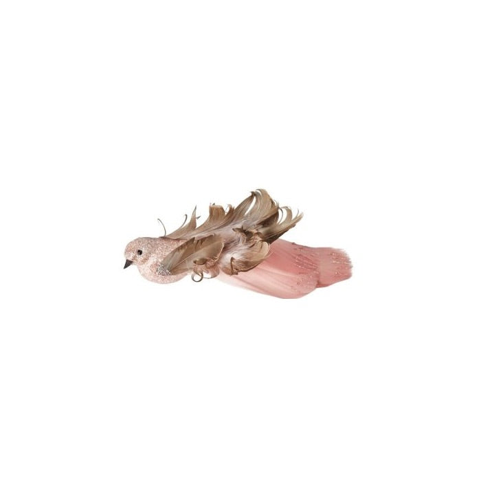 Fugl med klemme, rosa/hvite halefjær