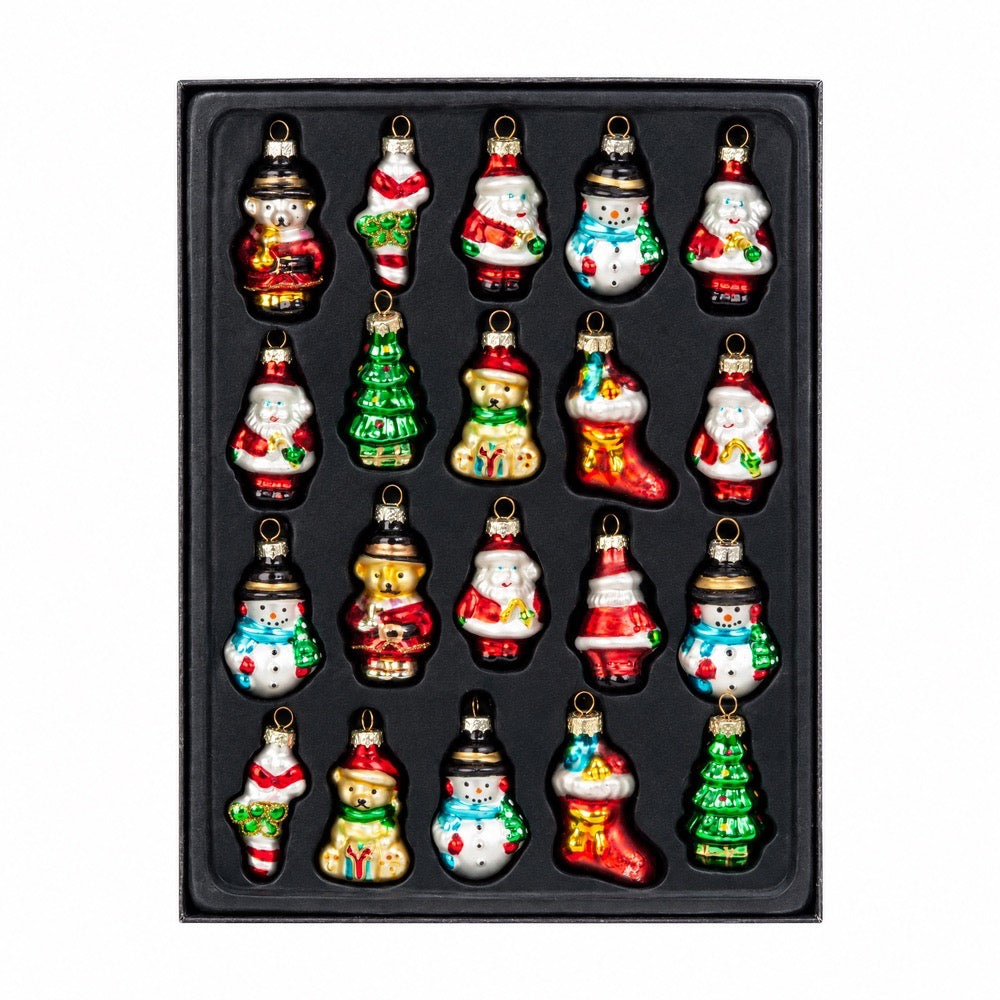 Mini figurformede julekuler, 20-pak med ulike former i glass til juletreet