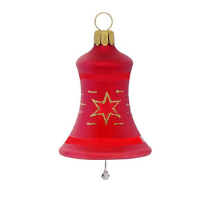 Mundblæst Juleklokker røde med mønster i guld i glas fra Glasbläserei Thüringer Weihnachten.