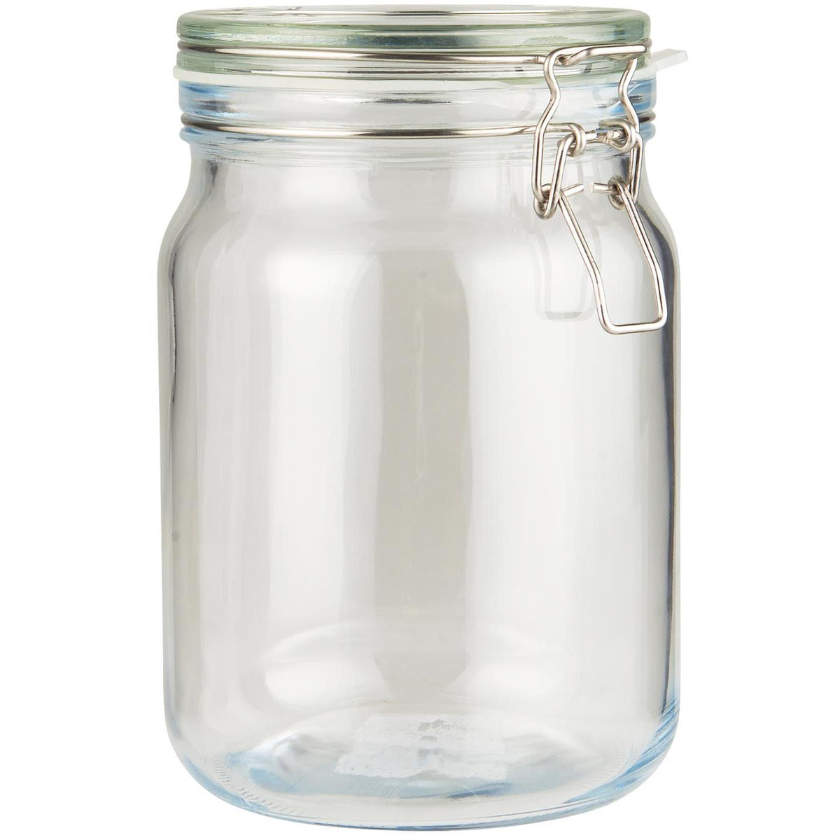 Stort oppbevaringsglass med patentlokk fra Ib Laursen i klart glass med metallbøyle og silikonpakning, 1900 ml