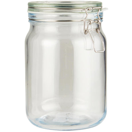 Stort oppbevaringsglass med patentlokk fra Ib Laursen i klart glass med metallbøyle og silikonpakning, 1900 ml