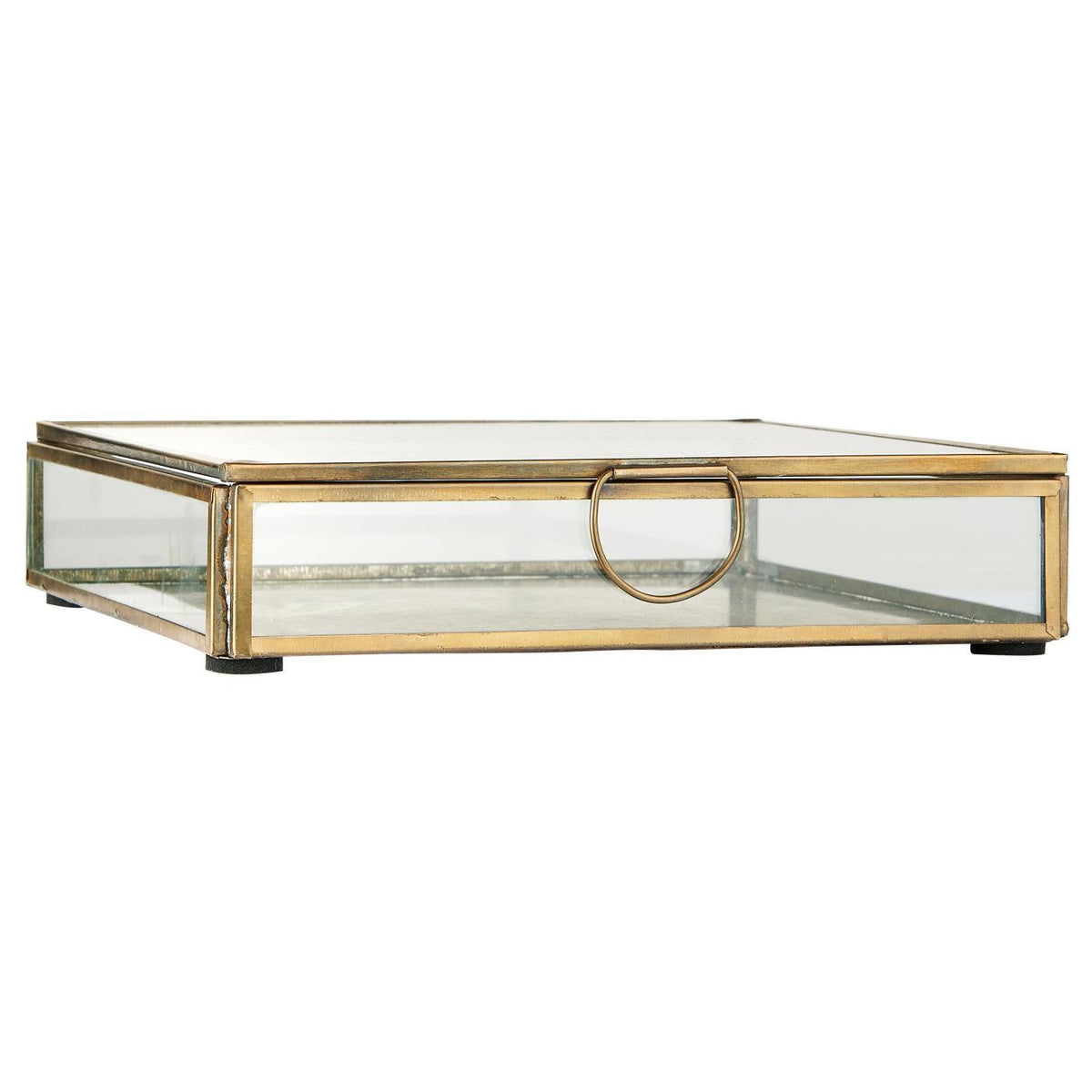 Kvadratisk Solitaire glassboks fra Ib Laursen med lokk, klart glass og antik gullfarget metallramme til servietter på 16,5 x 16,5 cm