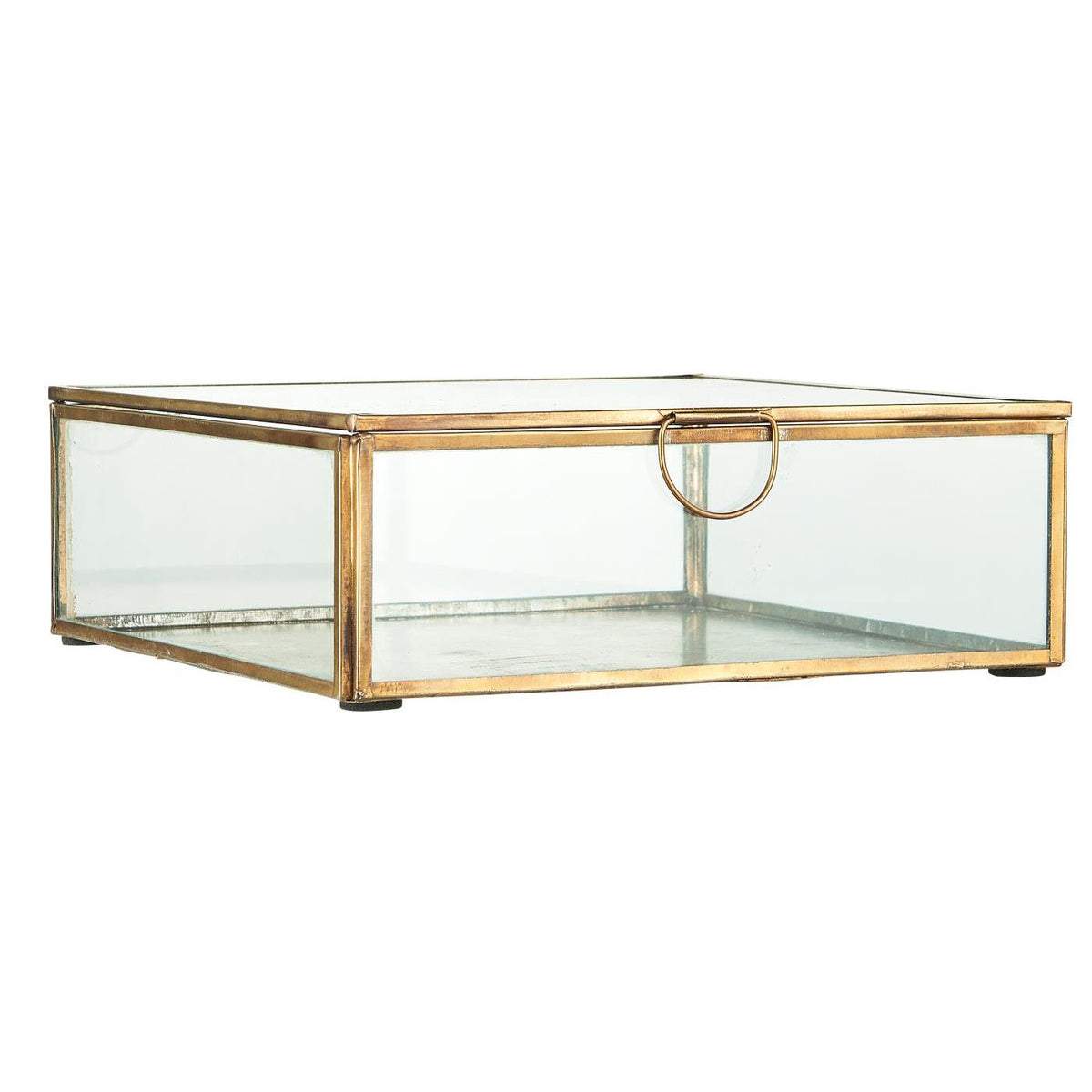 Kvadratisk Solitaire glassboks fra Ib Laursen med lokk, klart glass og ramme i antikk gullfarget metall