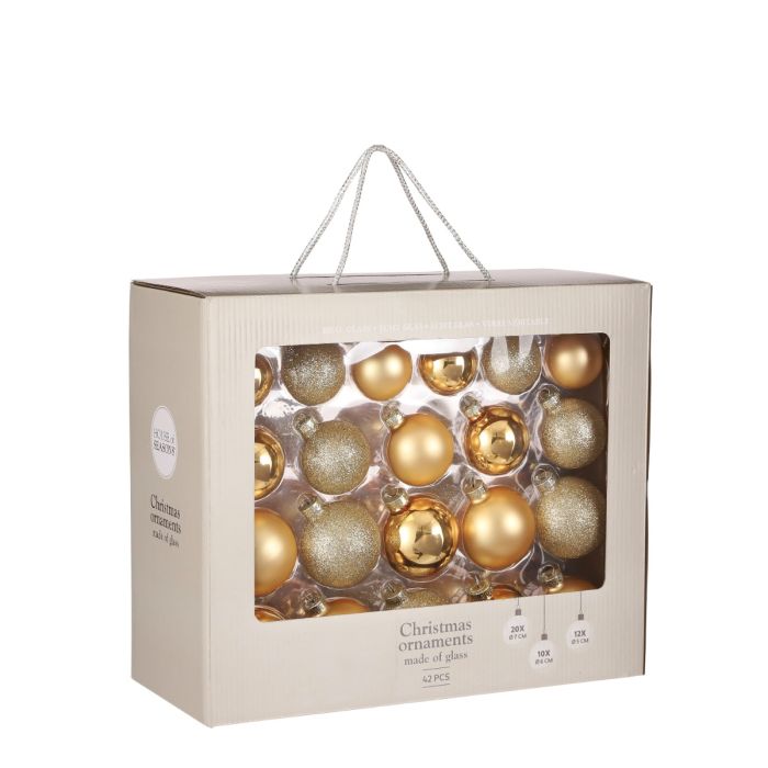 Julekugler i guldfarvet glitter, blanke og matte i glas. 