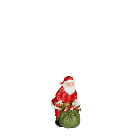 Julemand i julefarver og sorte støvler med stor gavesæk fyldt med legetøj fra House of seasons. 