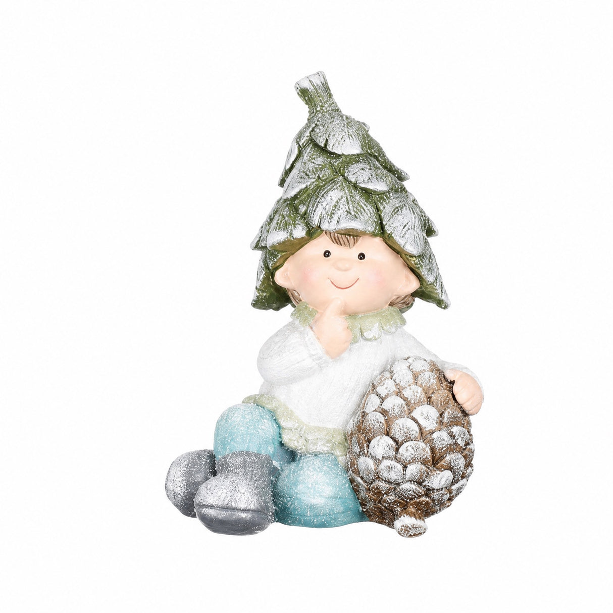 Vinterbarn sittende med konglehatter