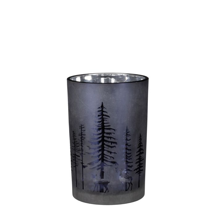 Telysholder med skog- og dyremotiv, svart, 18 cm høy