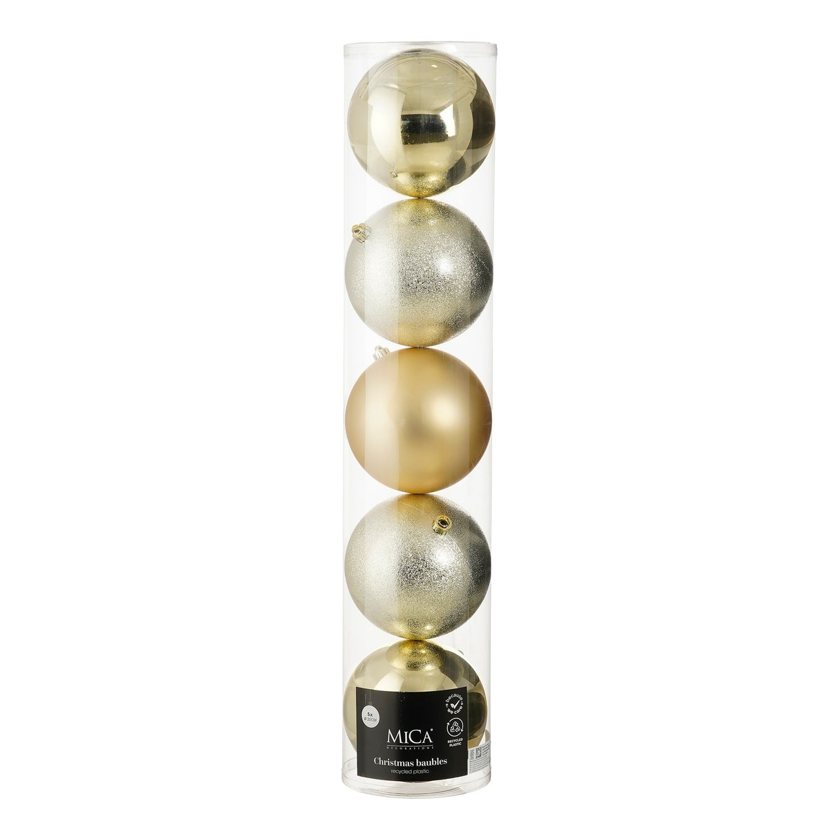 5 Store julekugler champagne mix 20 cm i dia i genanvendt plast
