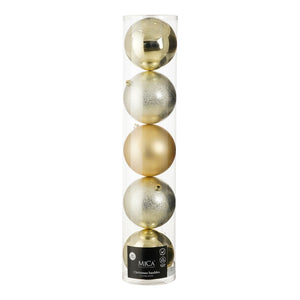 5 Store julekugler champagne mix 20 cm i dia i genanvendt plast