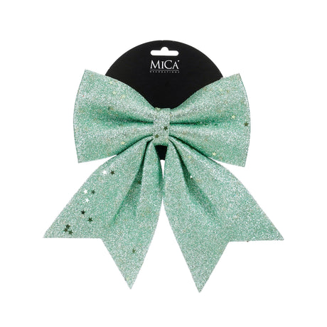 Sløyfe i mintgrønn farge med glitter, 20 cm bred, til dekorasjon fra Mica Decorations
