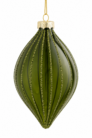 Dråbeformet julekugle i klart olivengrønt glas med glitterstriber fra Mica Decorations