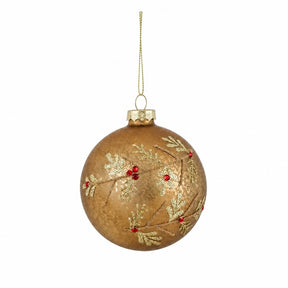 Guldfarvet julekugle i glas med guldfarvet grenmønster 8 cm i dia