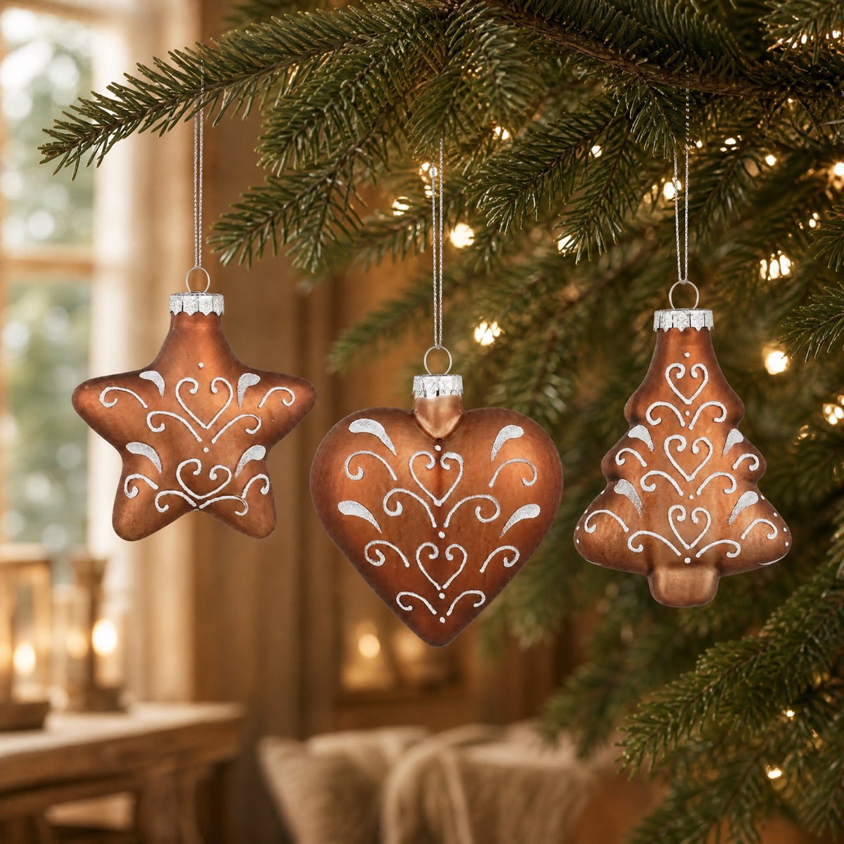 Figurformede honningkaker i glass på juletreet