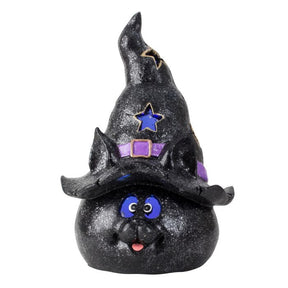 Heksekat i sort med blå og lilla detaljer. En sød og sjov Halloween figur. 