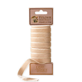 Velourbånd i råhvit, 1 cm bredt, 10 m langt, til gaveinnpakking fra Juel & Brandt