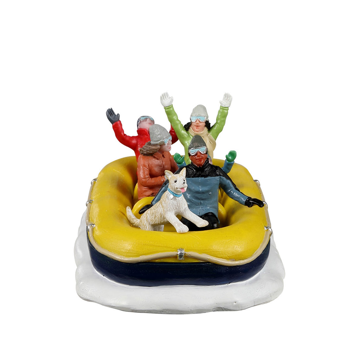 Snow Rafting med figurer og hund til julelandskabet fra Lemax set forfra