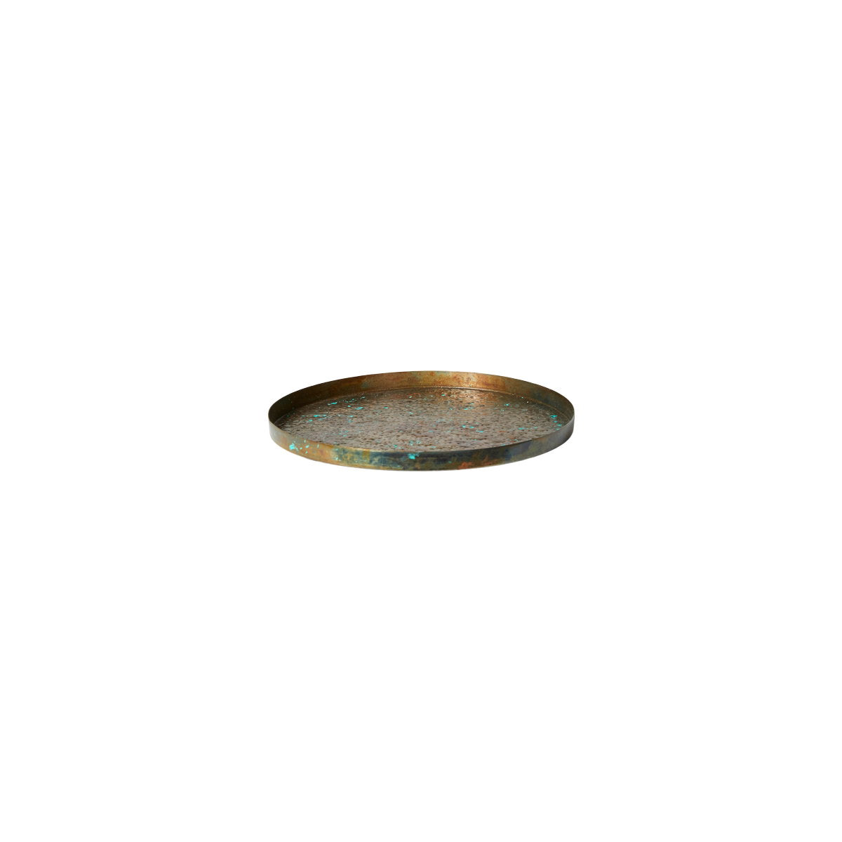 Rund dekorasjonsbrett fra Speedtsberg i antikk brun og gullfarget metall med kobbergrønn patinering, 21 cm i diameter