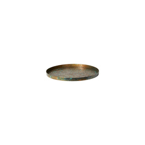Rund dekorasjonsbrett fra Speedtsberg i antikk brun og gullfarget metall med kobbergrønn patinering, 21 cm i diameter
