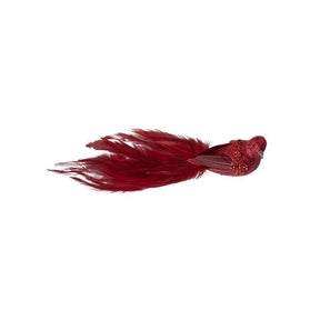 Fugl med klips 22 cm lang i flot rød farve og med lange halefjer. 