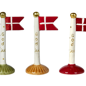 Keramikkflagg med "God jul" fra Speedtsberg, 14 cm høye i 3 forskjellige farger