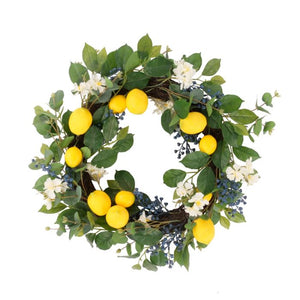 Citronkrans med grønne blade samt hvide blomster og blå bær 45 cm i dia