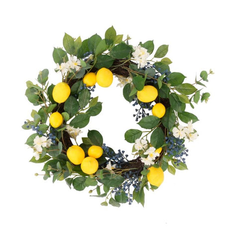 Citronkrans med grønne blade samt hvide blomster og blå bær 45 cm i dia