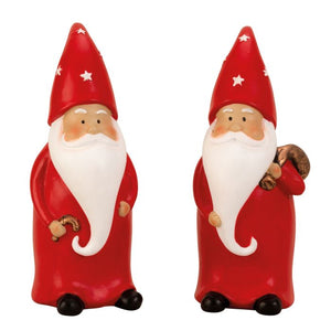 Juletroldmand med langt hvidt skæg og nissehuer med hvide stjerner i to varianter en med stok og en med julesæk. 