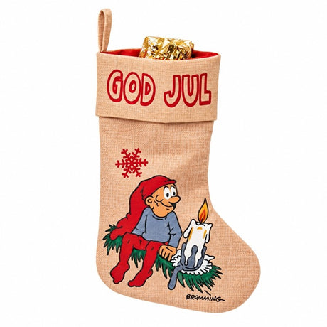 Julesokk med Brammingnisse med stearinlys og grangren