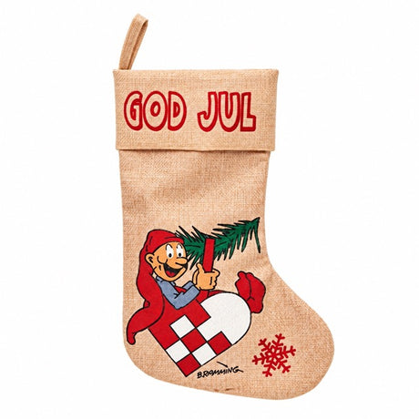 Julesokk med Brammingnisse med flettehjerte og grangren