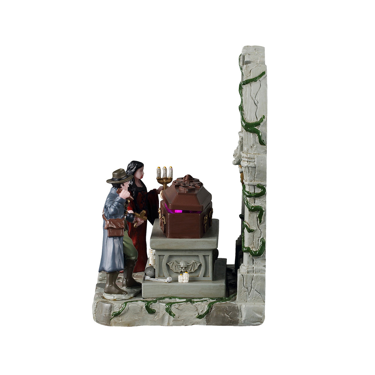 Lighted Coffin figur til Halloween pynt fra Lemax Spooky Town set fra siden med kisten i fokus