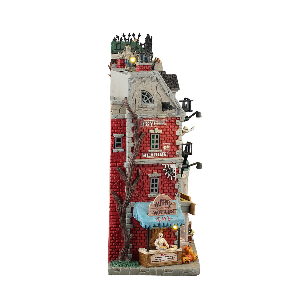 Monsters On Main Street facade til Halloween pynt fra Spooky Town set fra siden med café