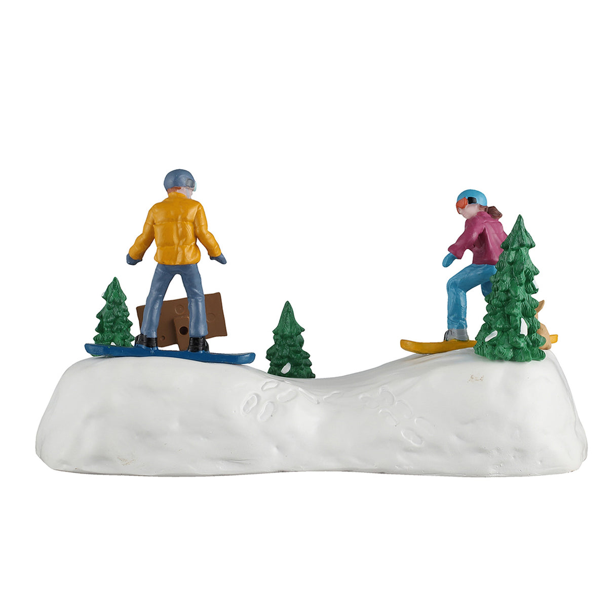 Snowboarding Practice figur fra Lemax til julelandskabet set fra bagsiden