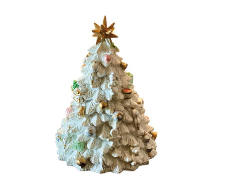 Spilledåse med vinterhvitt juletre fra Musicboxworld med snødekte grangrener, gullfarget julepynt og gyllen julestjerne