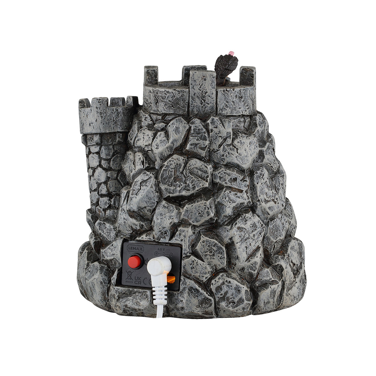 Bagsiden på Skull Castle med uhyggeligt lys til Halloween dekoration fra Lemax