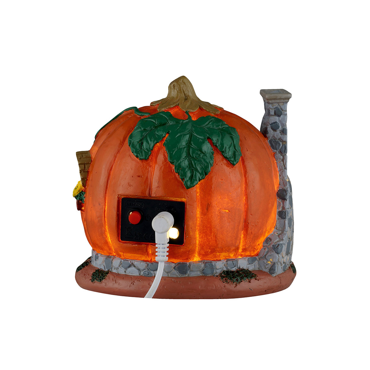 Pumpkin Skull House med lys i til Halloween dekoration fra Lemax set bagfra med strømindgang