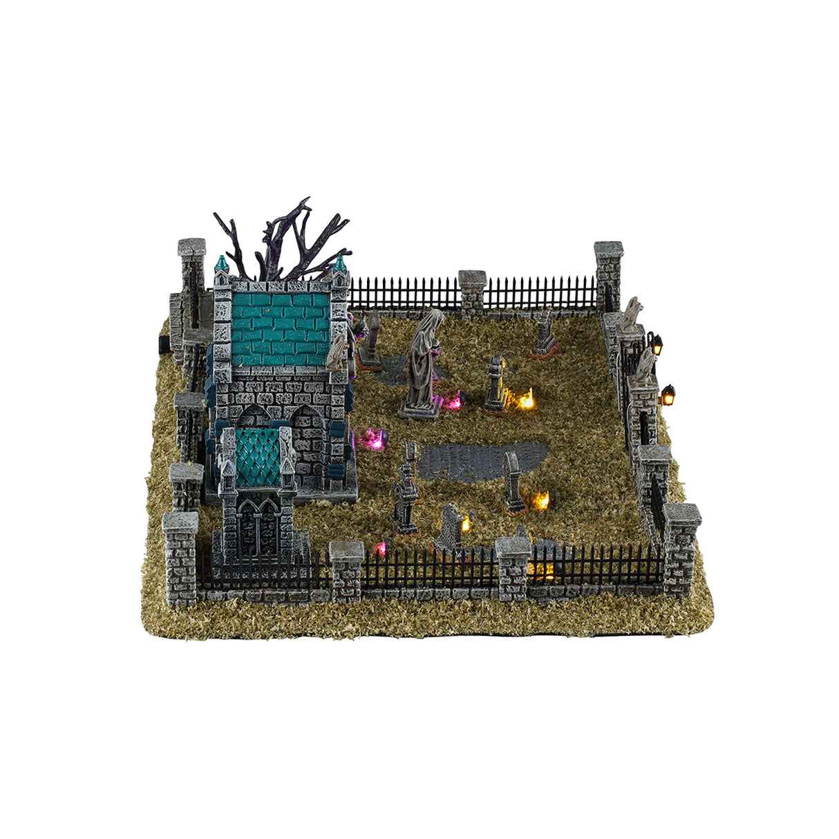 Misty Crypt Graveyard til Halloween pynt fra Lemax set fra siden af