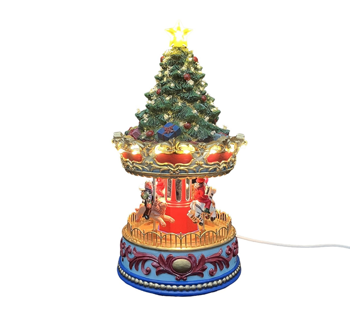 Julekarusell fra Musicboxworld med pyntet juletre på taket, fargerike karusellfigurer og sokkel i rødt, blått og gull