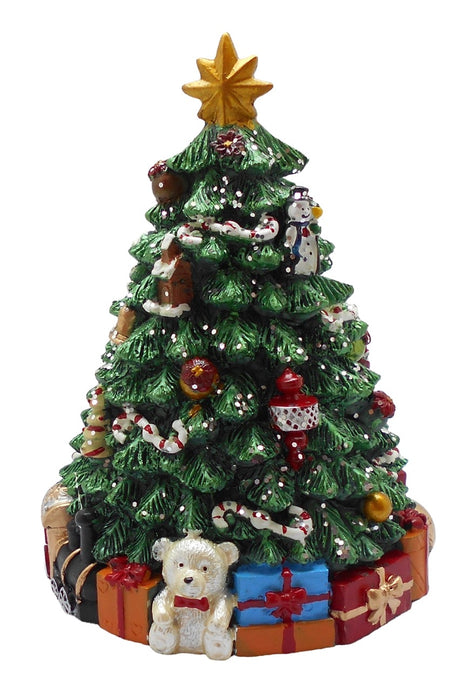 Spilledåse fra Musicboxworld med pyntet juletre, gyllen julestjerne, fargerike julegaver og en liten hvit bamse ved foten av juletreet