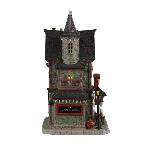 Frightful Fangs Dentistry hus i porcelæn med lys til Halloween dekoration set fra tårnsiden